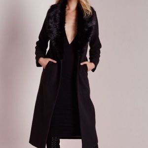 Missguided Long Wool Coat with Black Fur Collar